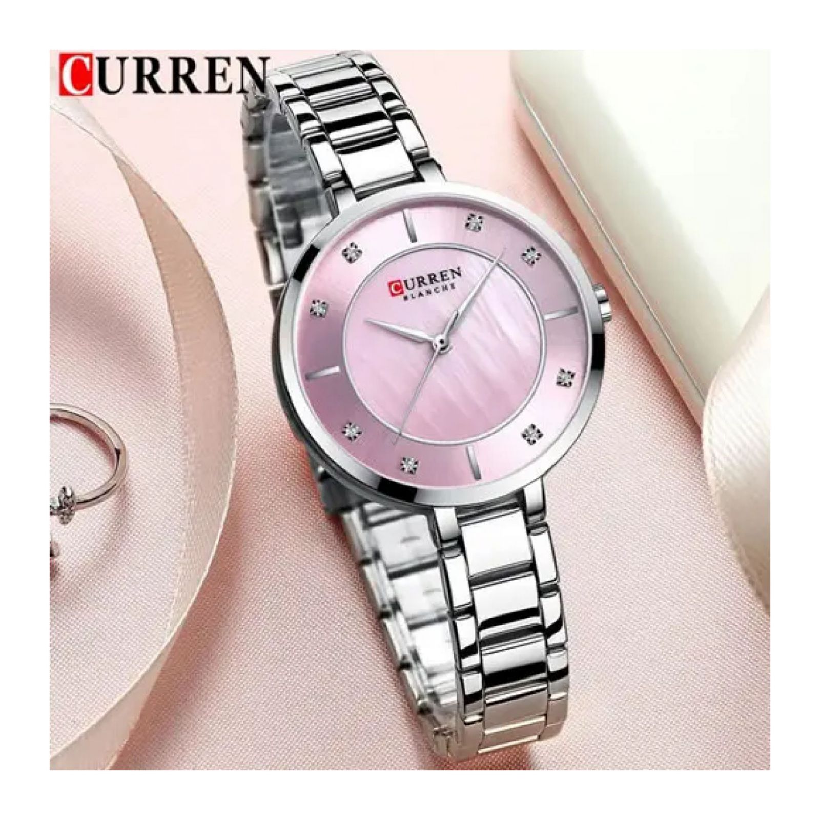 Foto 4 pulgar | Reloj Curren 9051 Krec6119 Caja De Acero Inoxidable Tono Plateado Y Tablero Rosado