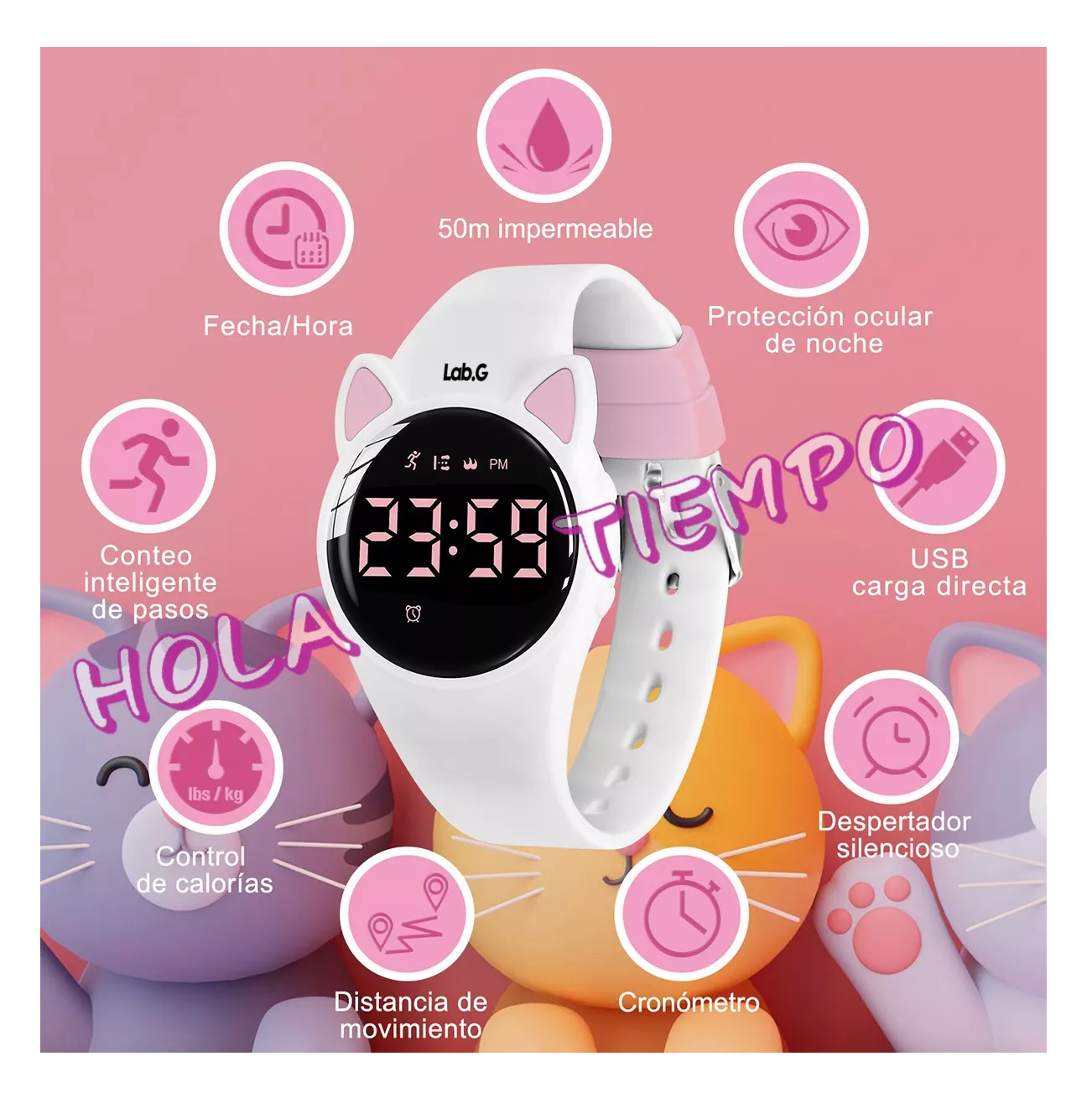 Foto 3 pulgar | Reloj Digital Para Niños Con Contador De Pasos Y Calorías Diseño Gato Blanco