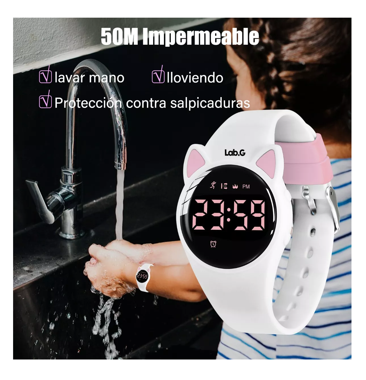 Foto 5 pulgar | Reloj Digital Para Niños Con Contador De Pasos Y Calorías Diseño Gato Blanco