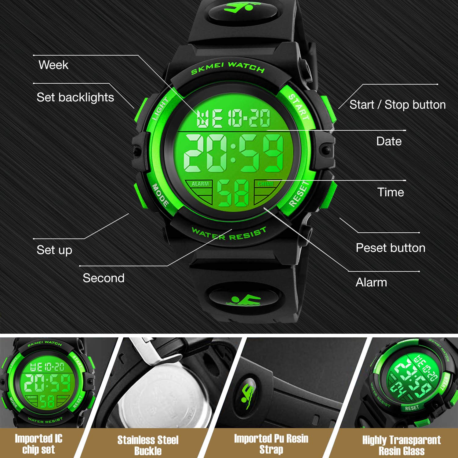 Foto 3 pulgar | Venta Internacional - Reloj Digital Cofuo Verde Deportivo Impermeable Con Alarma para Niños