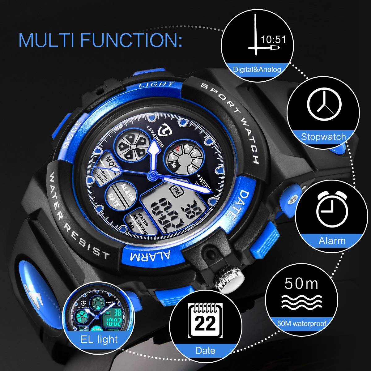 Foto 4 pulgar | Reloj Digital Aswan con Alarma LED Deportiva Impermeable para Niños