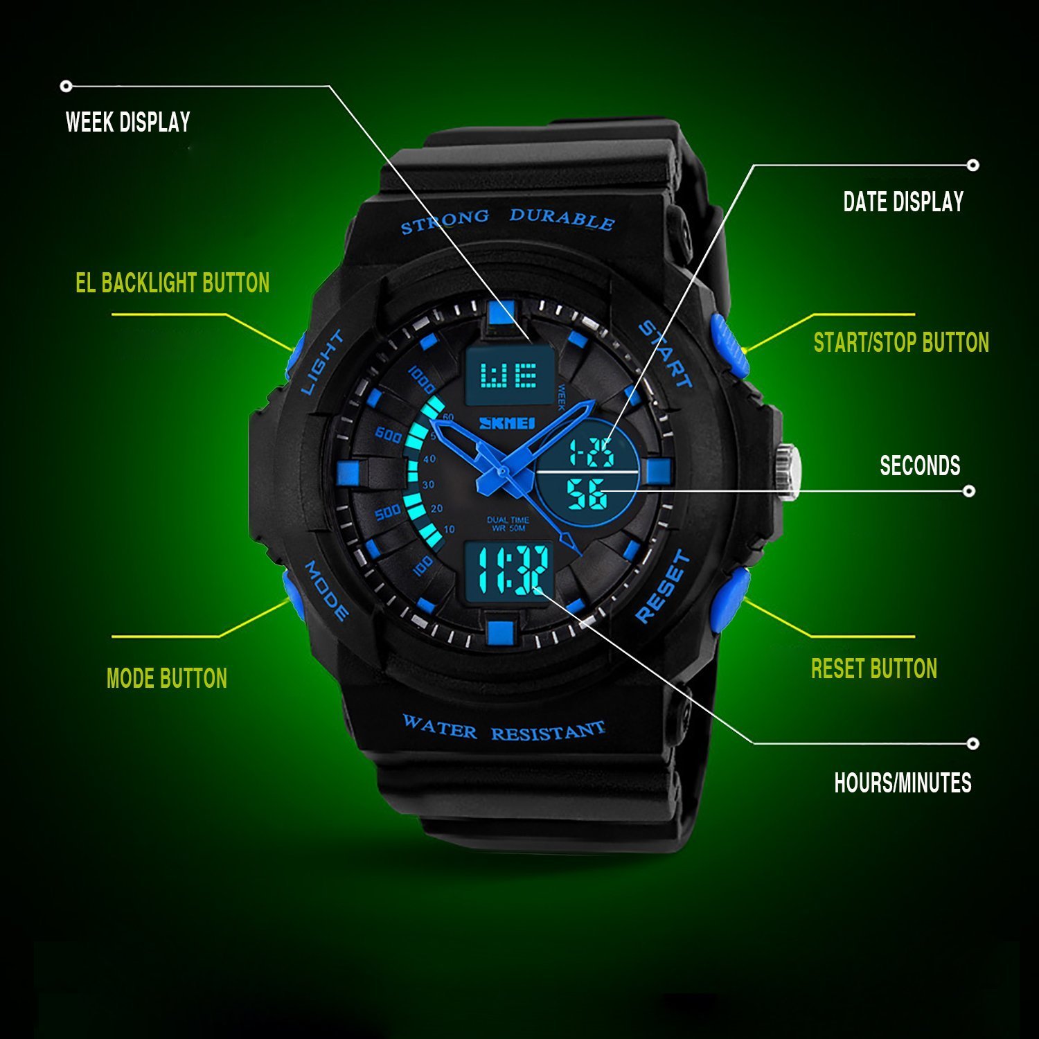 Foto 5 pulgar | Reloj Skmei Digital Sports 50 M Resistente al Agua Azul Multifunción para Niños