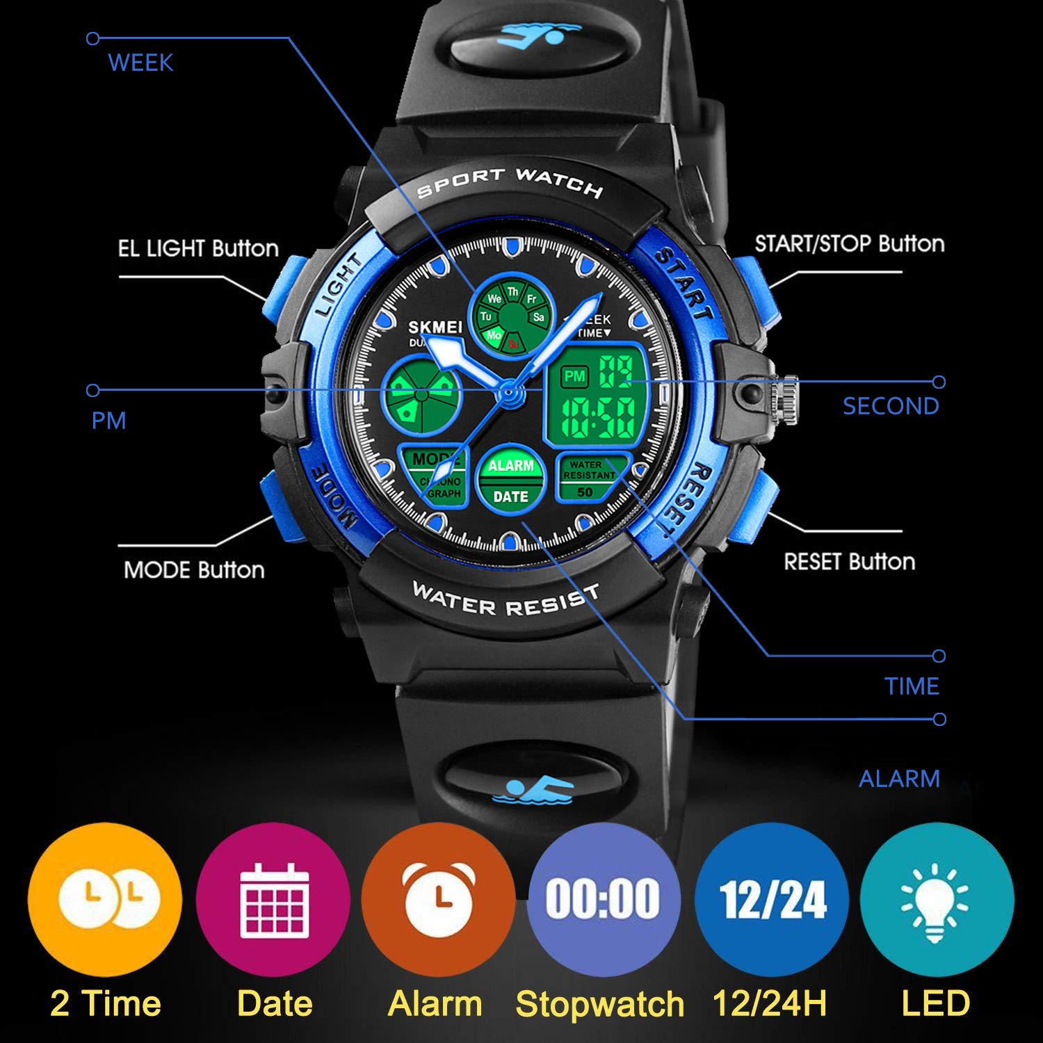 Foto 7 pulgar | Venta Internacional - Reloj Cofuo Con Alarma Digital Para Niños Y Niños, Azul, Impermeable, Con Alarma