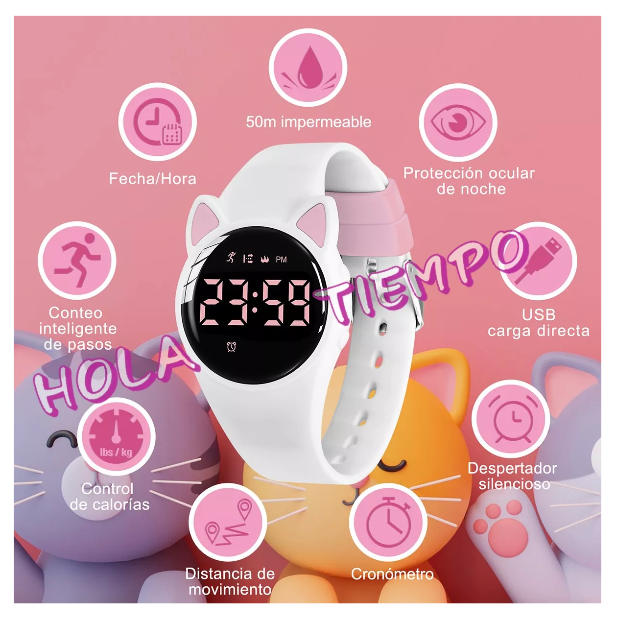 Foto 3 pulgar | Reloj Digital Para Niños Con Contador De Pasos Y Calorías Diseño Gato Blanco