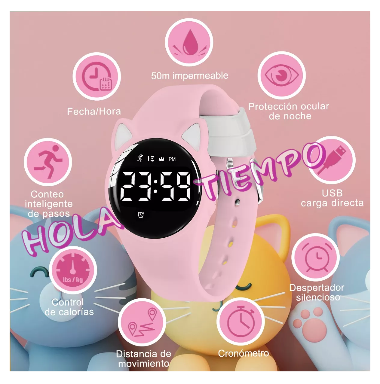 Foto 3 pulgar | Reloj Digital Para Niños Con Contador De Pasos Y Calorías Diseño Gato Rosa Claro