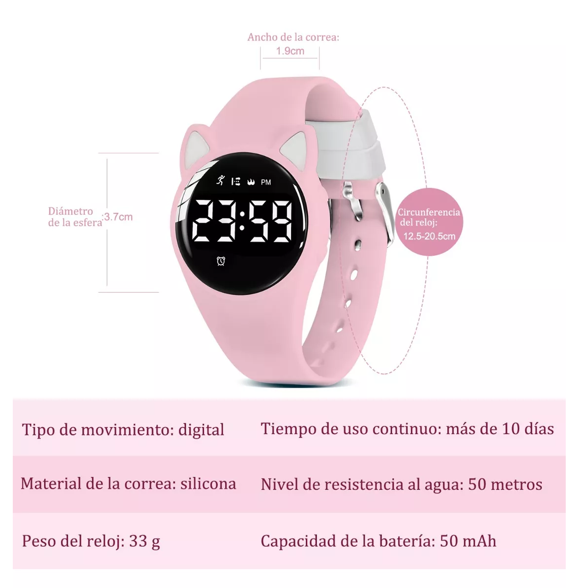 Foto 4 pulgar | Reloj Digital Para Niños Con Contador De Pasos Y Calorías Diseño Gato Rosa Claro