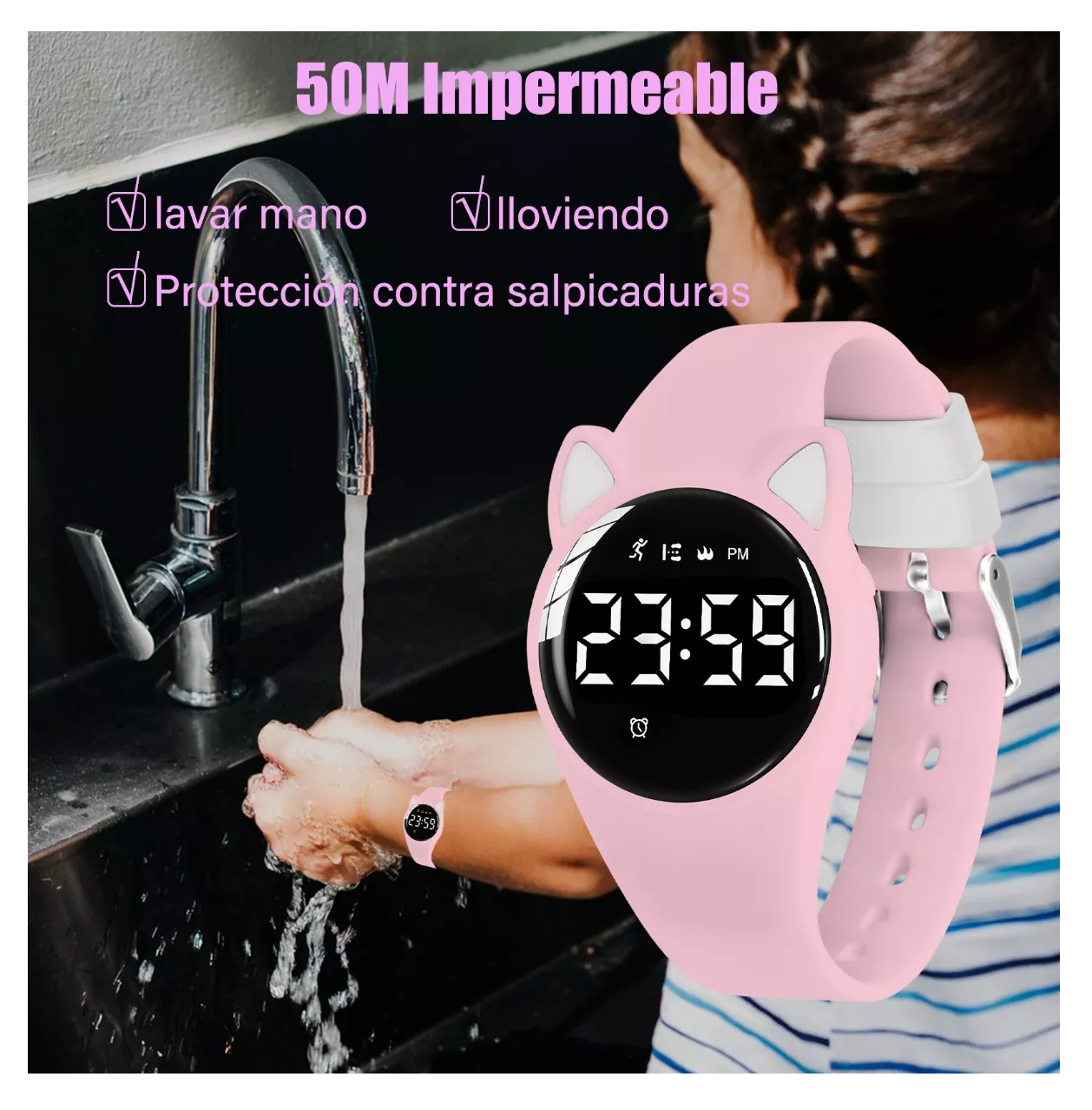 Foto 5 pulgar | Reloj Digital Para Niños Con Contador De Pasos Y Calorías Diseño Gato Rosa Claro