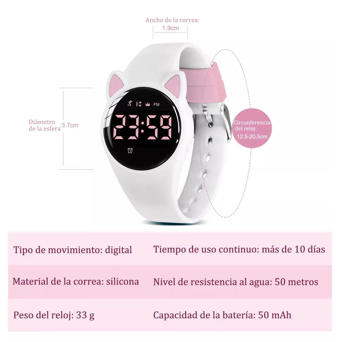 Foto 4 pulgar | Reloj Digital Para Niños Con Contador De Pasos Y Calorías Diseño Gato Blanco