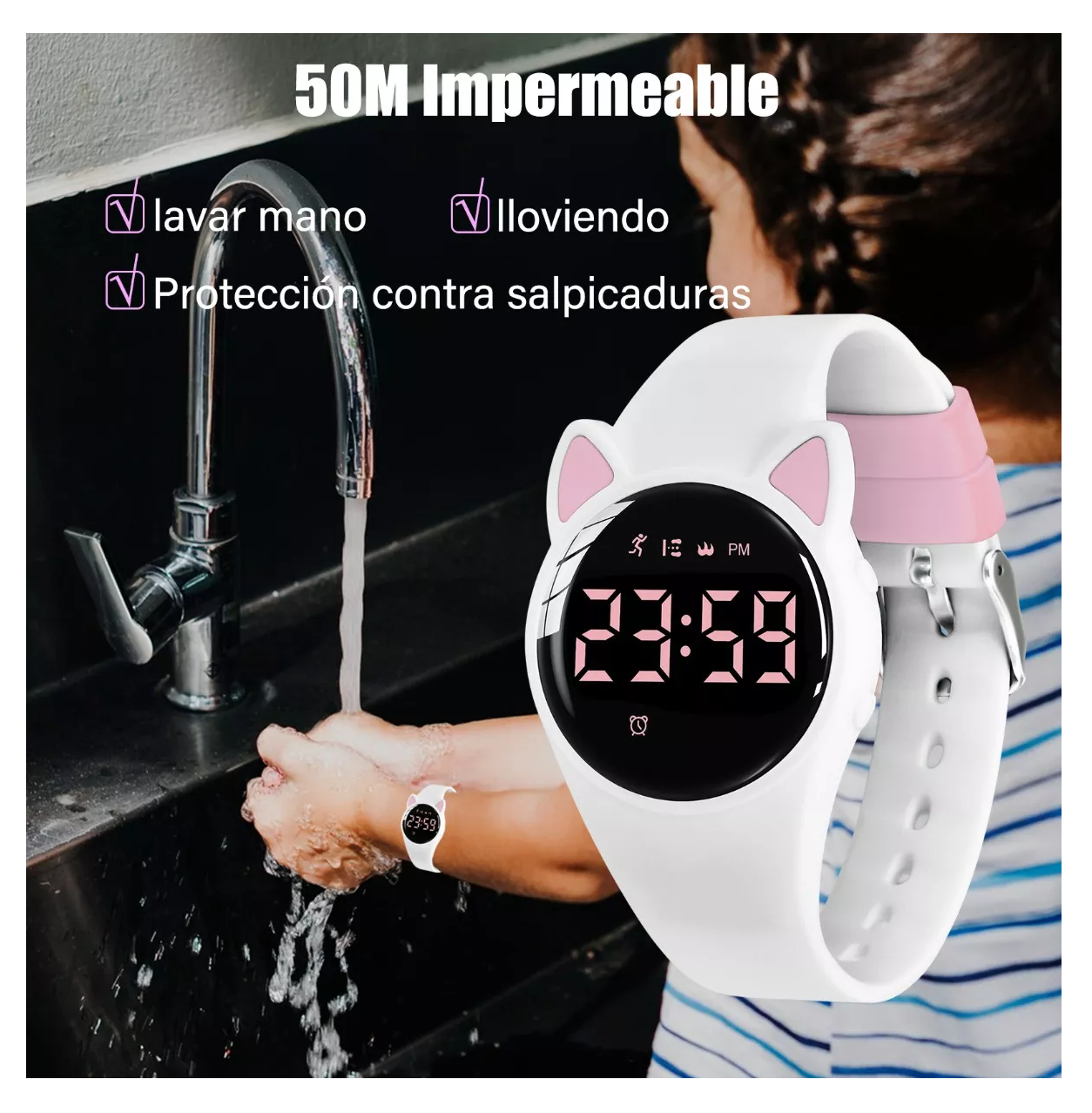 Foto 5 pulgar | Reloj Digital Para Niños Con Contador De Pasos Y Calorías Diseño Gato Blanco