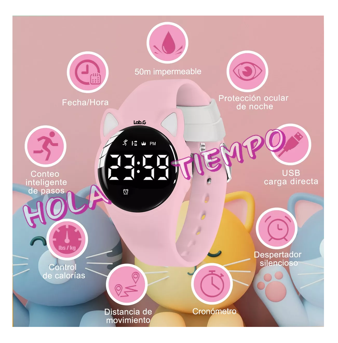 Foto 5 pulgar | Reloj Digital Para Niños Con Contador De Pasos Y Calorías Diseño Gato Rosa Claro
