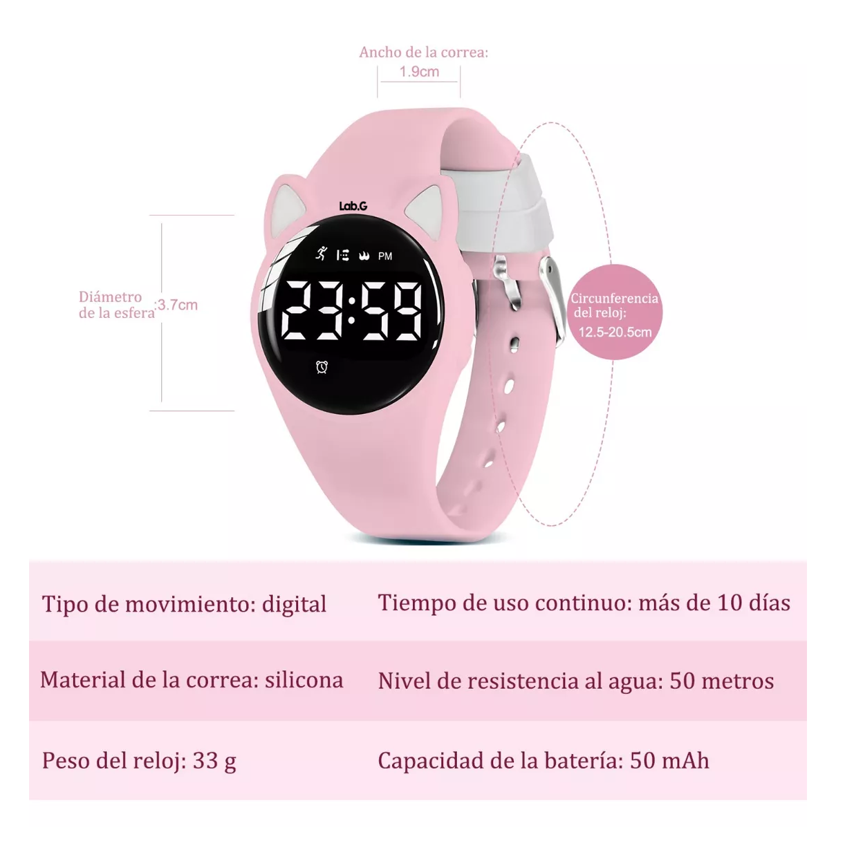 Foto 6 pulgar | Reloj Digital Para Niños Con Contador De Pasos Y Calorías Diseño Gato Rosa Claro