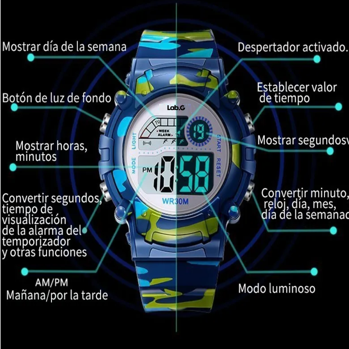 Foto 2 | Reloj Infantil Led Niño Militar Camuflaje Azul Con Verde Lab.g  Multicolor