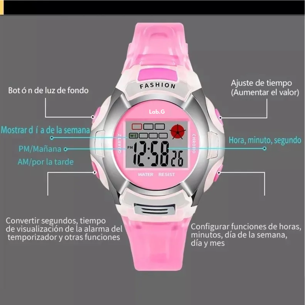 Foto 4 pulgar | Reloj Infantil Led Niña Cronometro Contra Agua Lab.g  Rosa