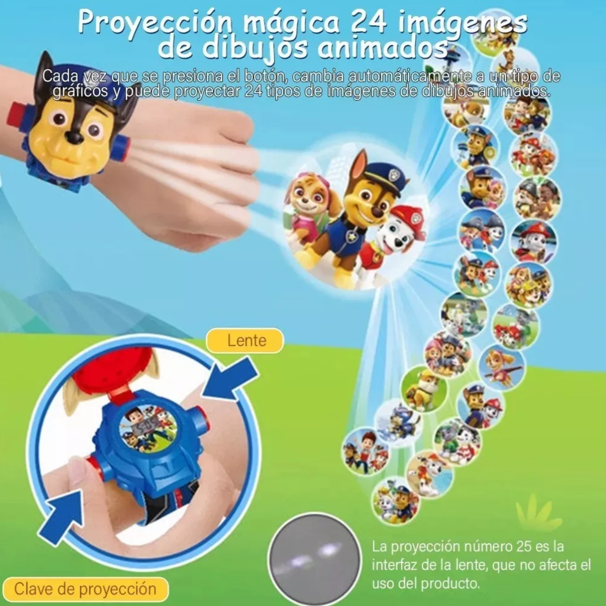 Foto 3 pulgar | Reloj Proyector Niños 24 Imágenes Paw Patrol, Chase+pegatina Lab.g Azul
