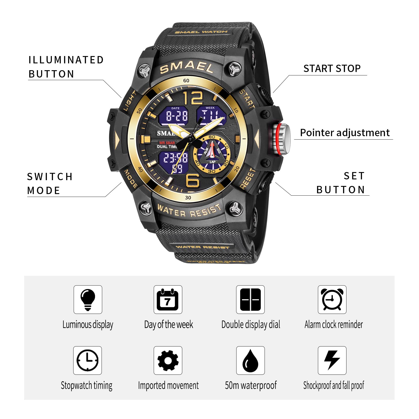 Foto 9 pulgar | Venta Internacional - Reloj Deportivo Smael 8007 De Cuarzo Digital Con Doble Movimiento Para Hombre