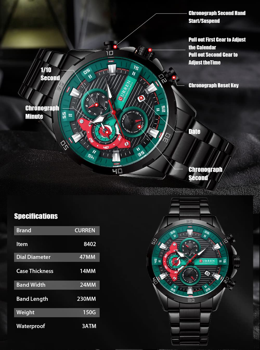 Foto 7 pulgar | Venta Internacional - Reloj Curren Chronograph Fashion Con Esfera Verde Militar Para Hombre