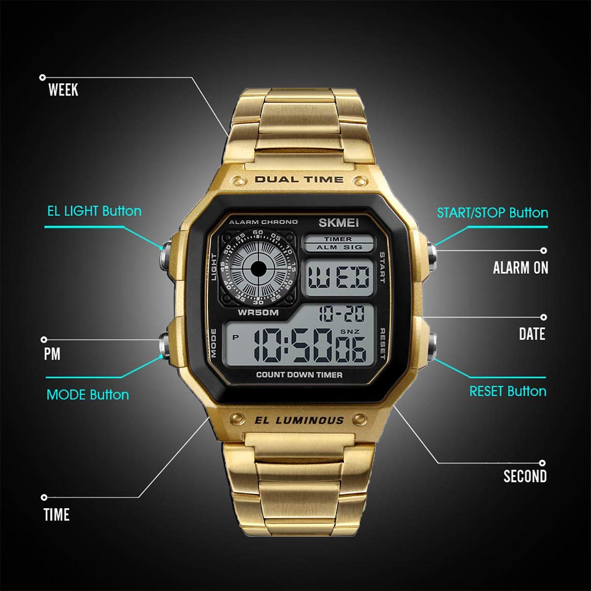 Foto 6 pulgar | Venta Internacional - Reloj Digital Skmei Dg1335 Resistente Al Agua 50 M Con Cronómetro Con Alarma
