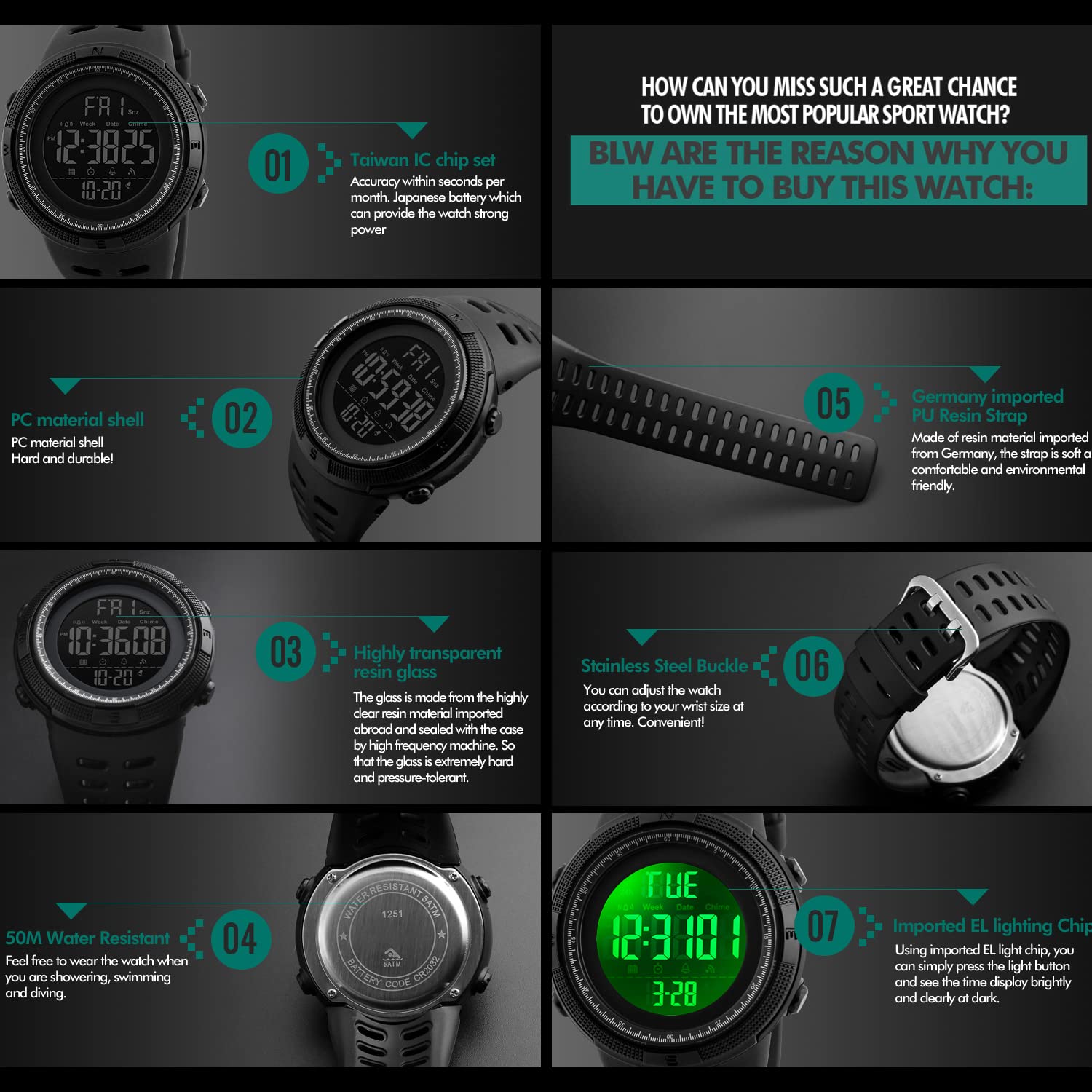Foto 5 pulgar | Venta Internacional - Reloj Pasnew Con Pantalla Grande Para Hombre, Resistente Al Agua, 50 M, Con Alarma