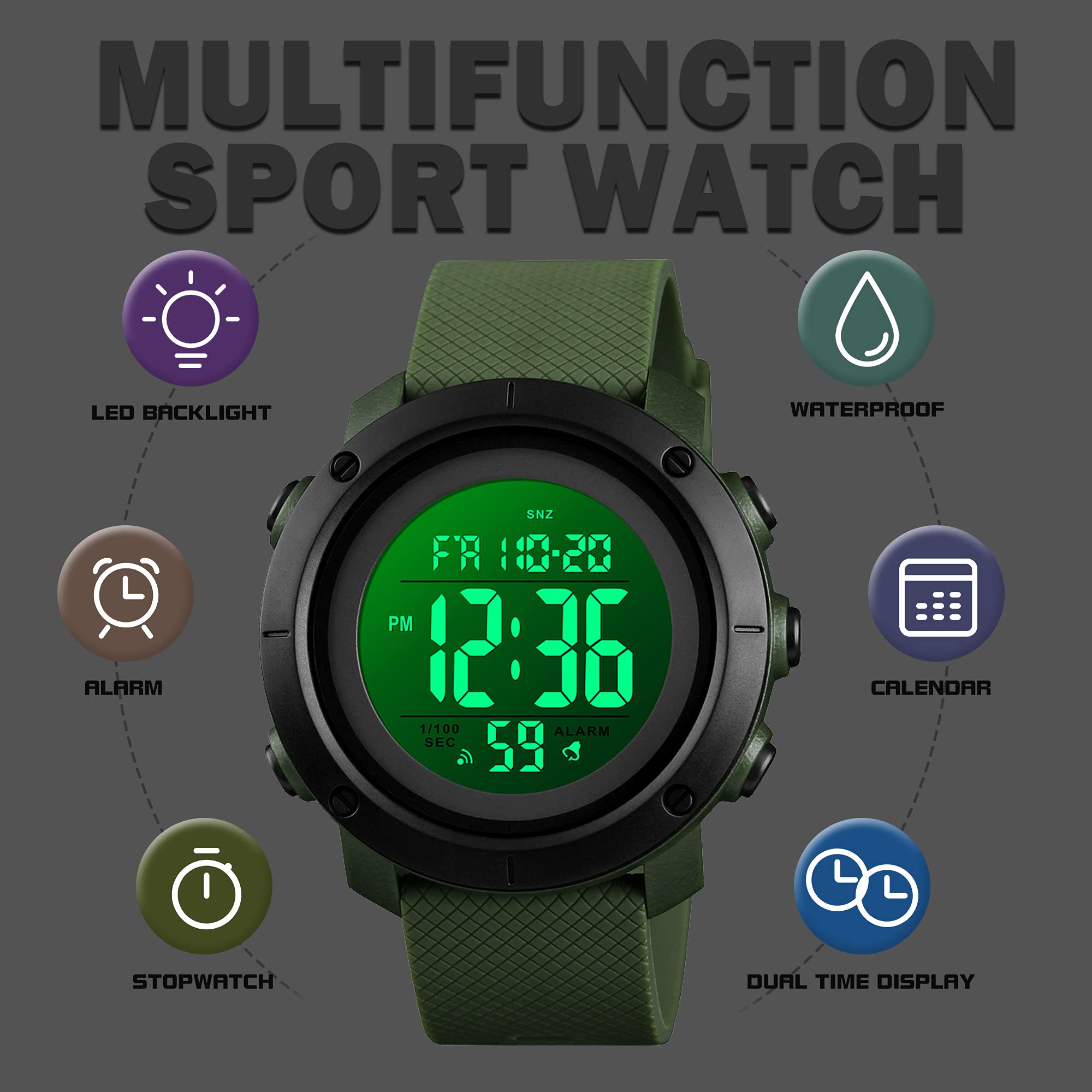 Foto 3 | Venta Internacional - Reloj Deportivo Findtime Digital Para Hombre, 5 Atm, Resistente Al Agua Con Led