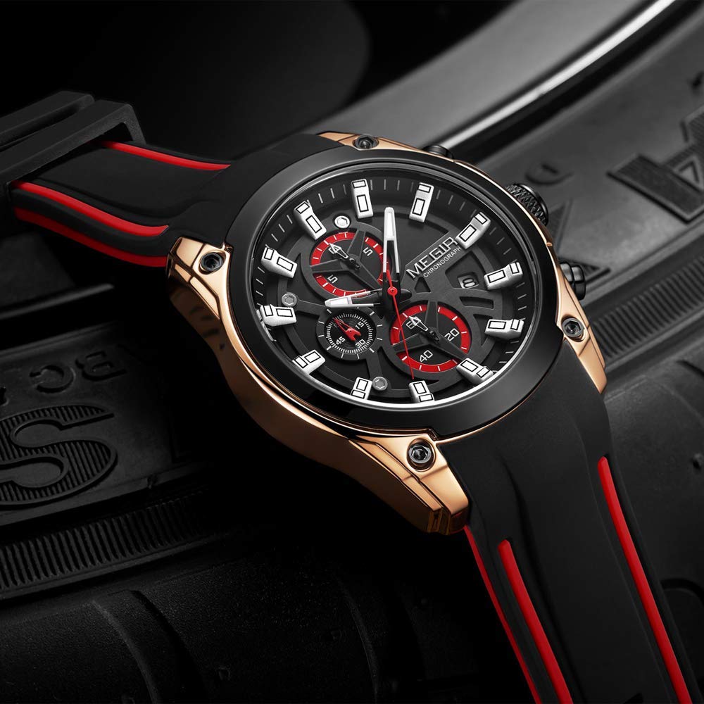 Foto 3 pulgar | Venta Internacional - Reloj Megir Chronograph Para Hombre Con Correa De Silicona Roja De 46 Mm