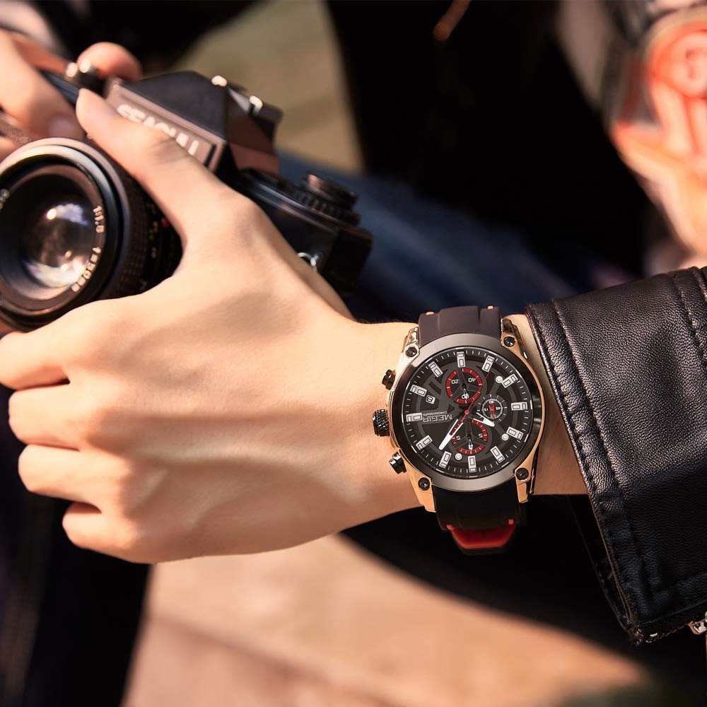 Foto 4 pulgar | Venta Internacional - Reloj Megir Chronograph Para Hombre Con Correa De Silicona Roja De 46 Mm