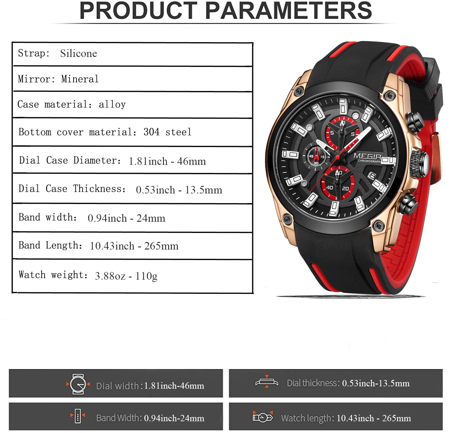 Foto 7 pulgar | Venta Internacional - Reloj Megir Chronograph Para Hombre Con Correa De Silicona Roja De 46 Mm