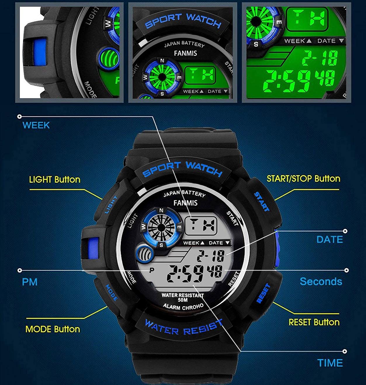 Foto 5 pulgar | Venta Internacional - Reloj Fanmis Sports Con Retroiluminación Led, 50 M, Resistente Al Agua, Color Negro