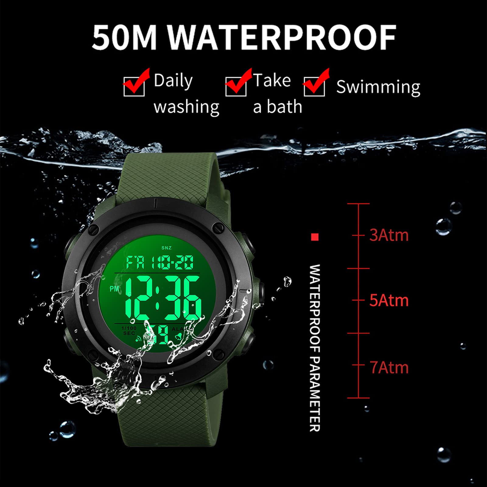 Foto 4 | Venta Internacional - Reloj Deportivo Findtime Digital Para Hombre, 5 Atm, Resistente Al Agua Con Led