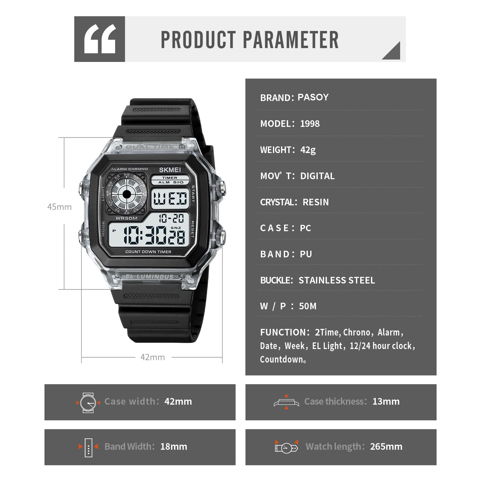 Foto 7 | Venta Internacional - Reloj Deportivo Pasoy, Correa De Caucho Multifunción, 50 M, Impermeable