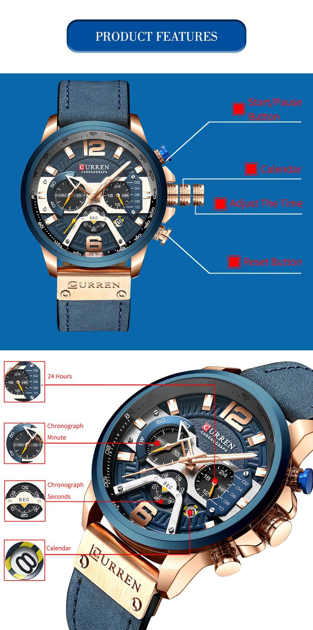 Foto 4 pulgar | Venta Internacional - Reloj Crrju, Vestido A La Moda Para Hombre, Cuarzo, Cronógrafo, Piel Azul