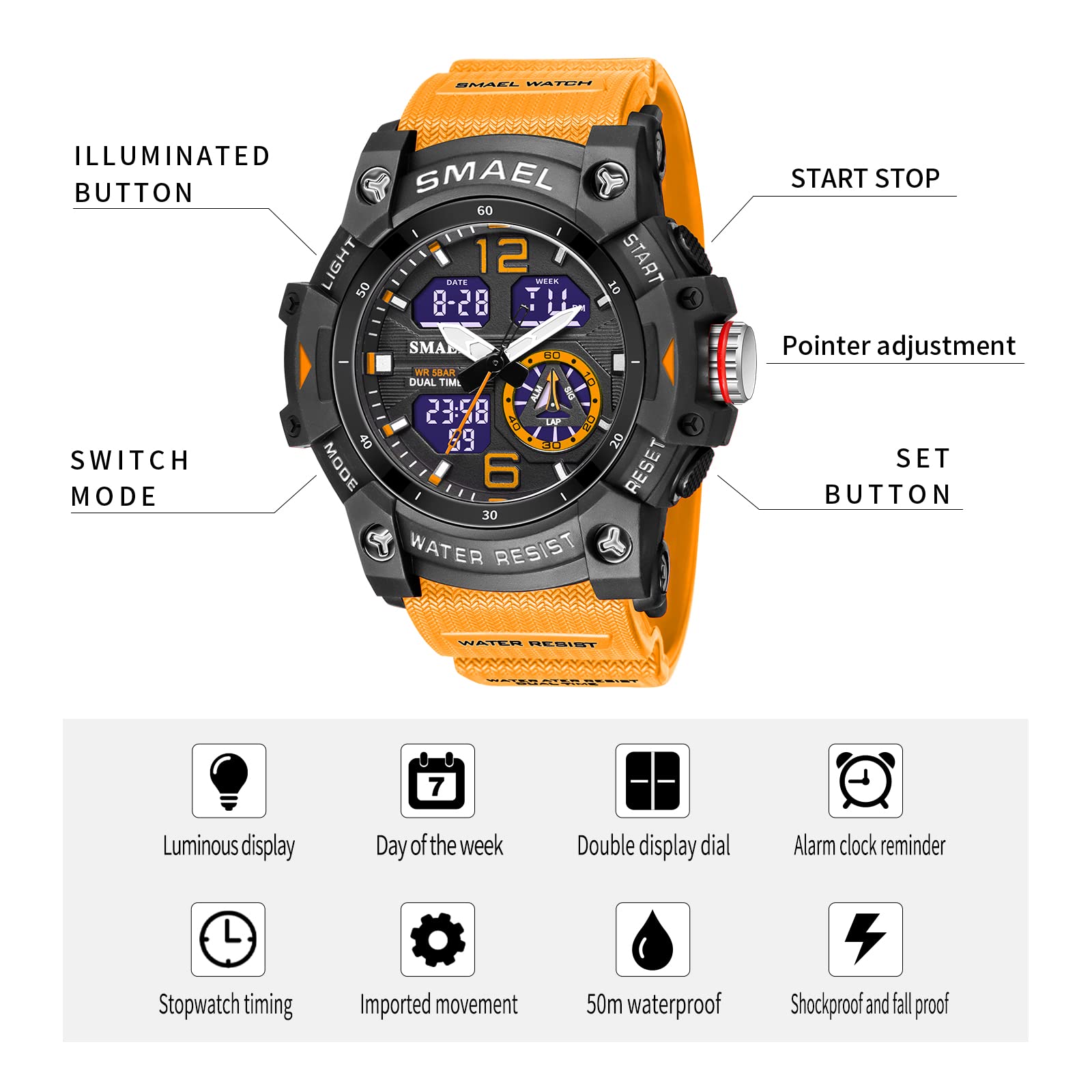 Foto 5 pulgar | Venta Internacional - Reloj Deportivo Smael 8007 De Cuarzo Con Doble Movimiento Para Hombre, Color Naranja