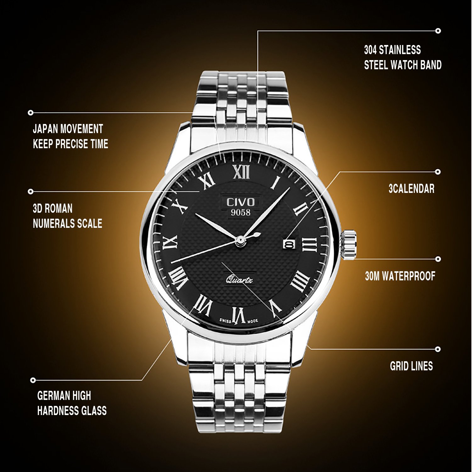 Foto 7 pulgar | Venta Internacional - Calendario De Fechas Watch Civo Luxury A Prueba De Agua Para Hombre