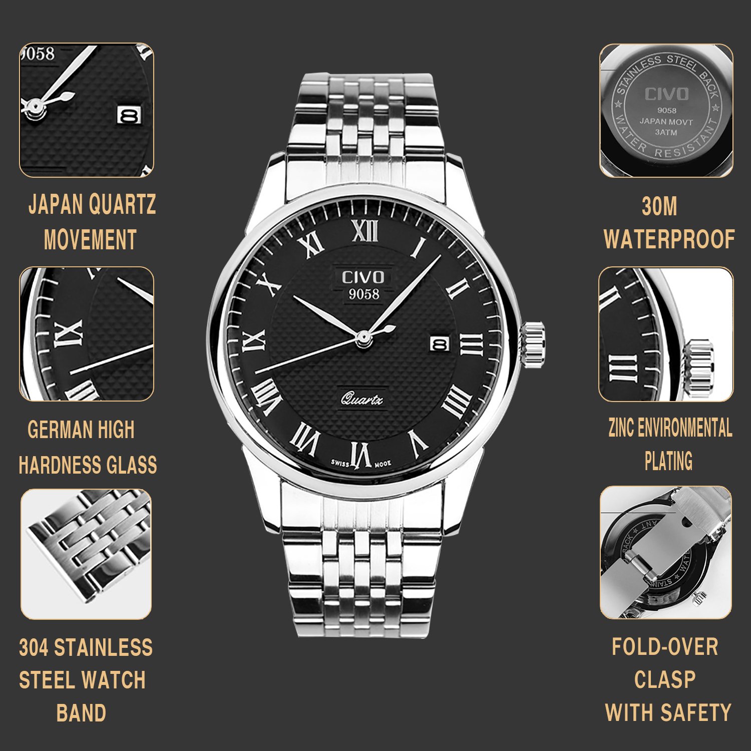 Foto 8 pulgar | Venta Internacional - Calendario De Fechas Watch Civo Luxury A Prueba De Agua Para Hombre