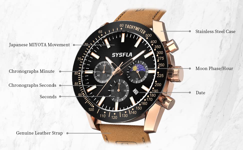 Foto 8 pulgar | Venta Internacional - Reloj Sysfla Con Correa De Piel Para Hombre, Cronógrafo, 30 M, Resistente Al Agua