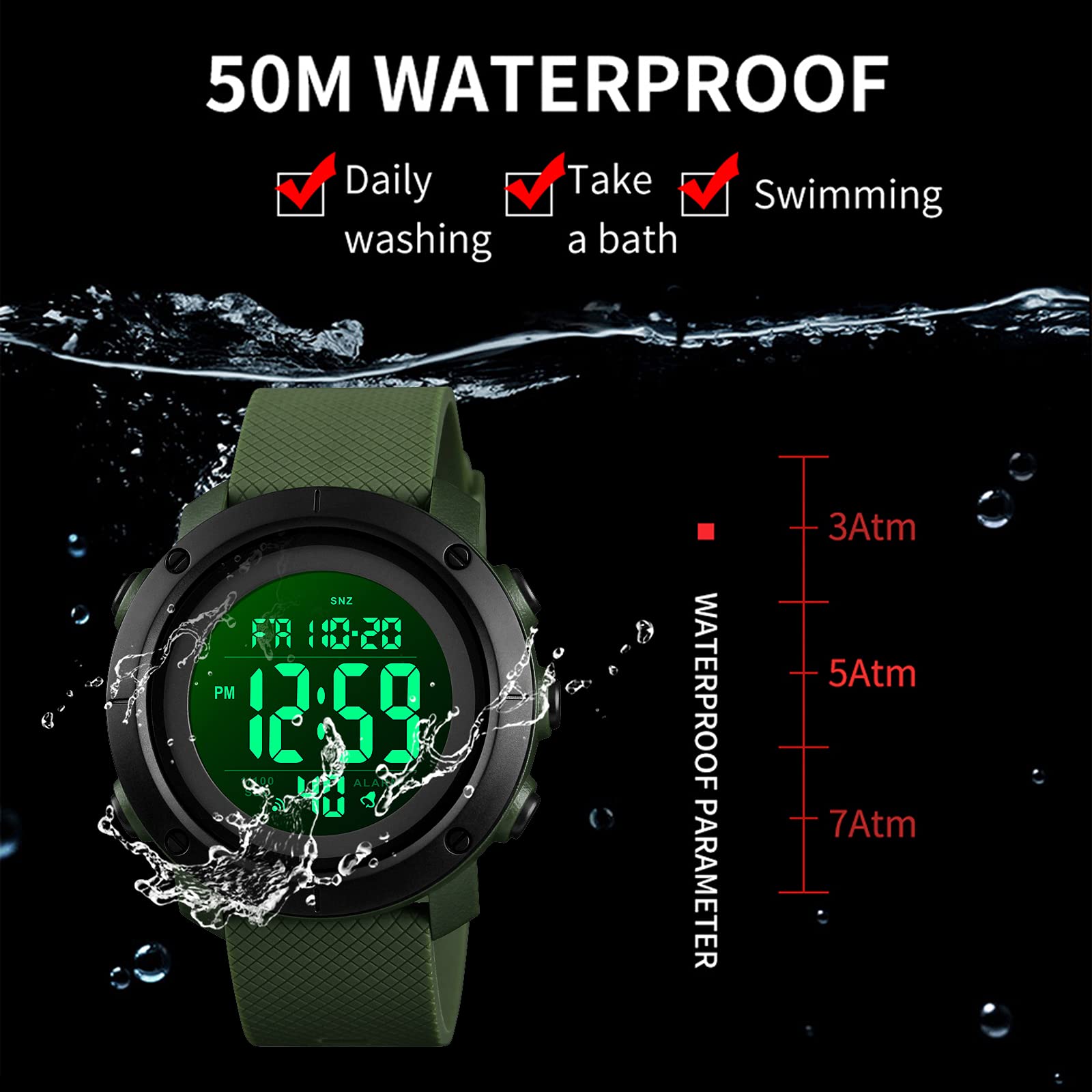 Foto 4 | Venta Internacional - Reloj Deportivo Findtime Digital Para Hombre, 5 Atm, Resistente Al Agua Con Led