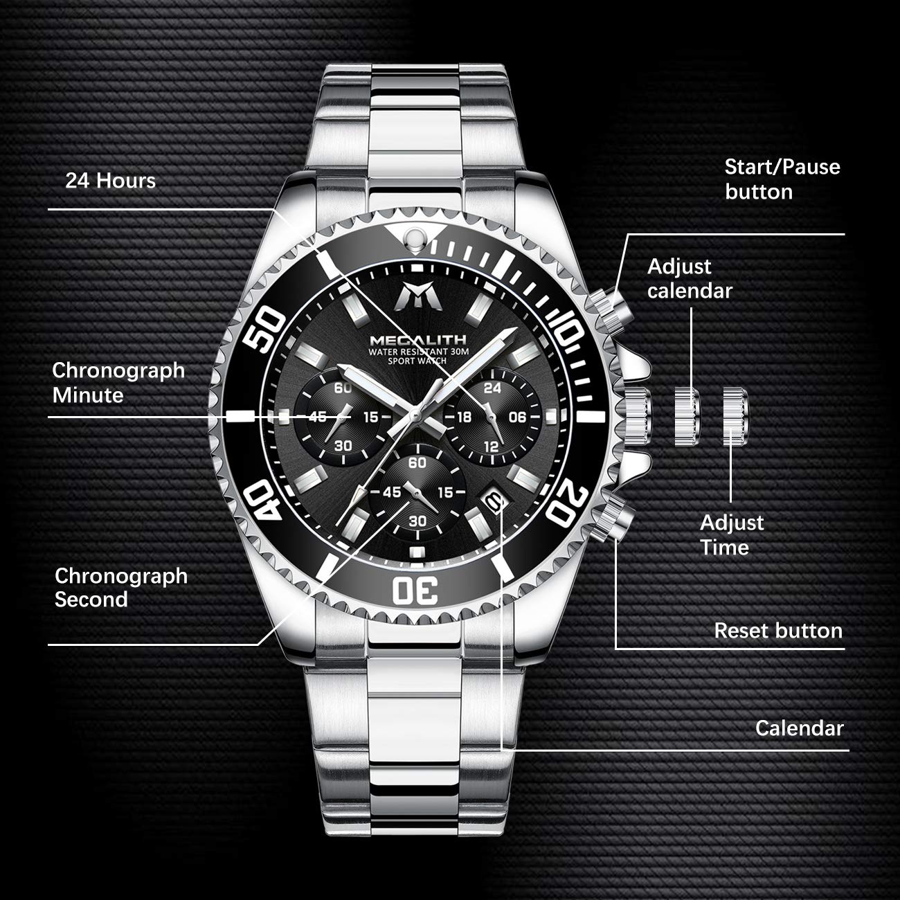 Foto 7 | Reloj Analógico Megalith de Acero Inoxidable para Hombre Resistente Al Agua 43 mm - Venta Internacional