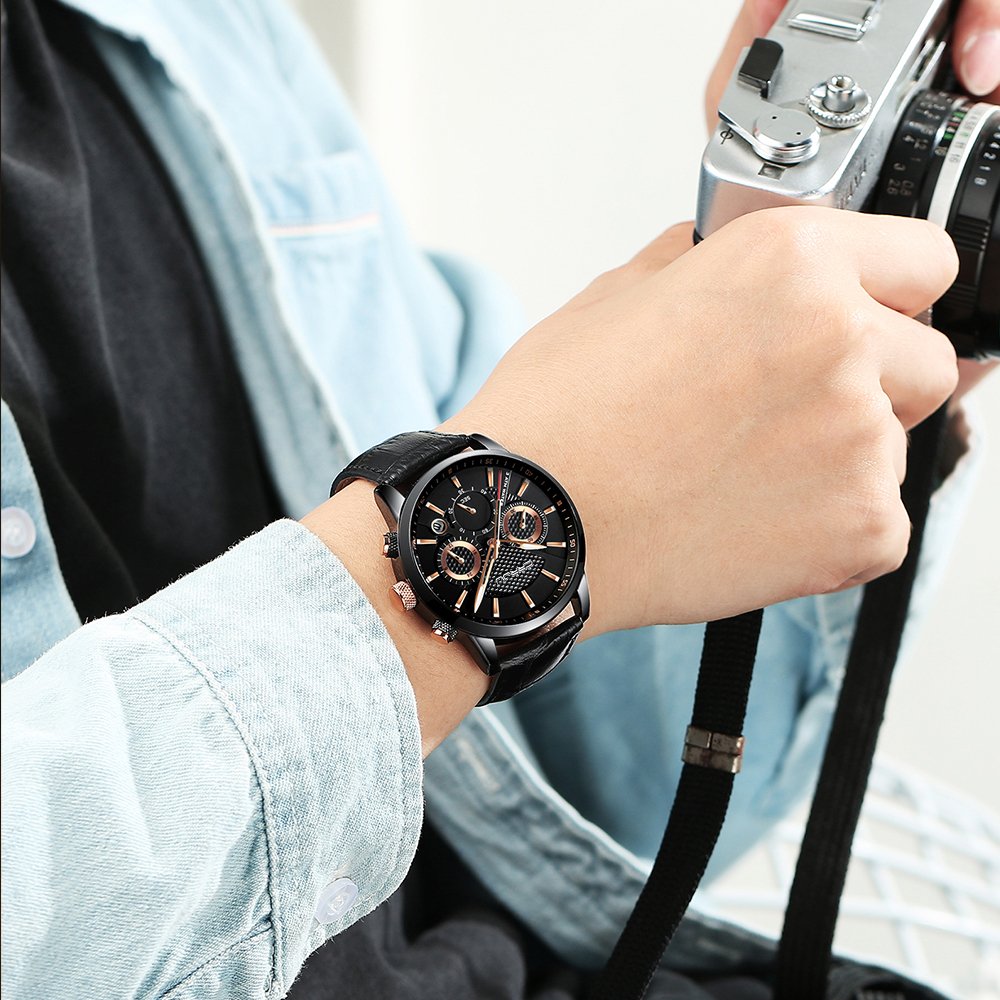 Foto 5 pulgar | Reloj CRRJU de Cuero Negro para Hombre - Venta Internacional