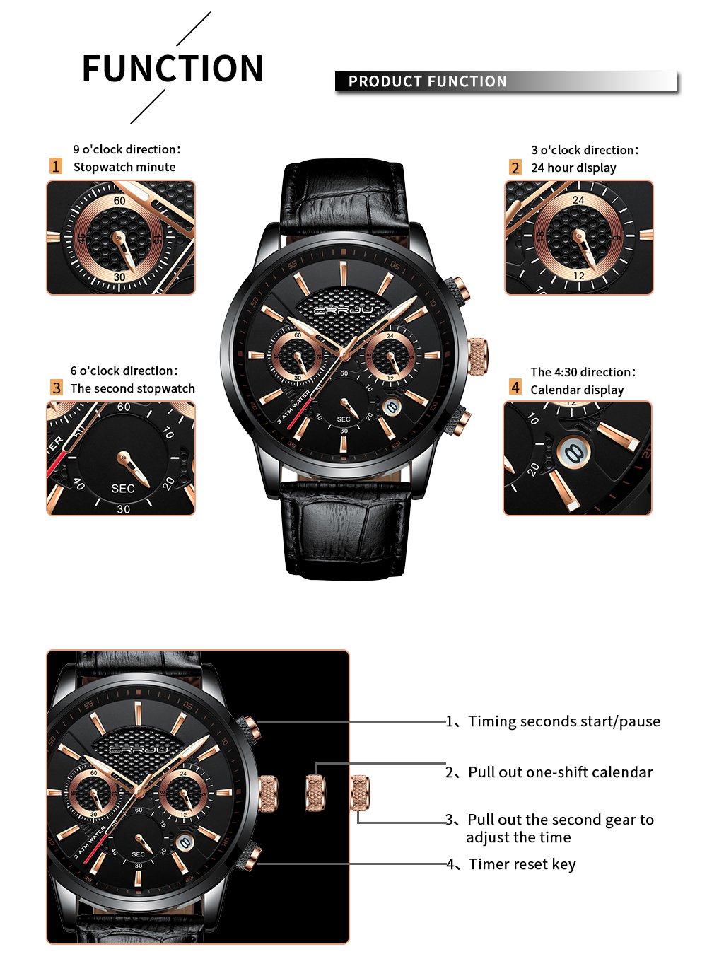 Foto 6 pulgar | Reloj CRRJU de Cuero Negro para Hombre - Venta Internacional