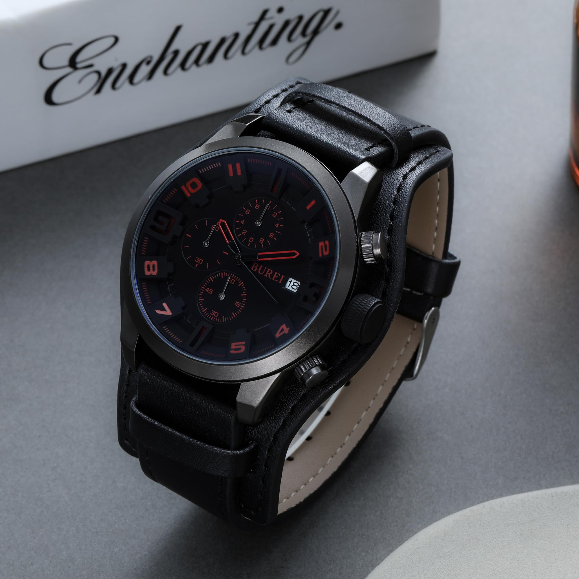 Foto 3 pulgar | Reloj Burei Sports Chronograph Para Hombre Con Correa De Piel Negra - Venta Internacional.