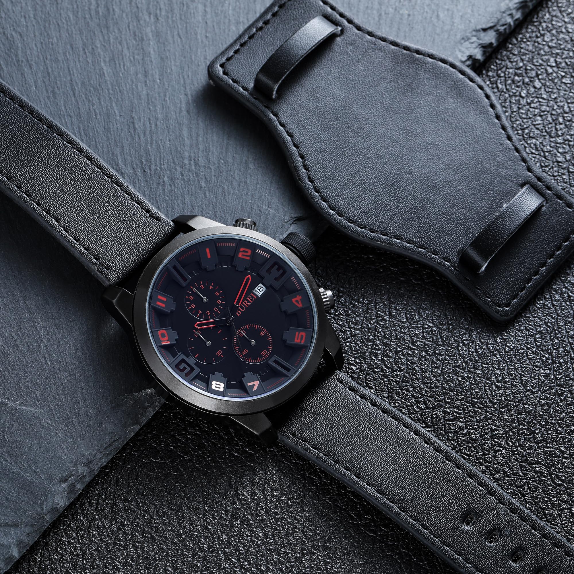 Foto 5 pulgar | Reloj Burei Sports Chronograph Para Hombre Con Correa De Piel Negra - Venta Internacional.