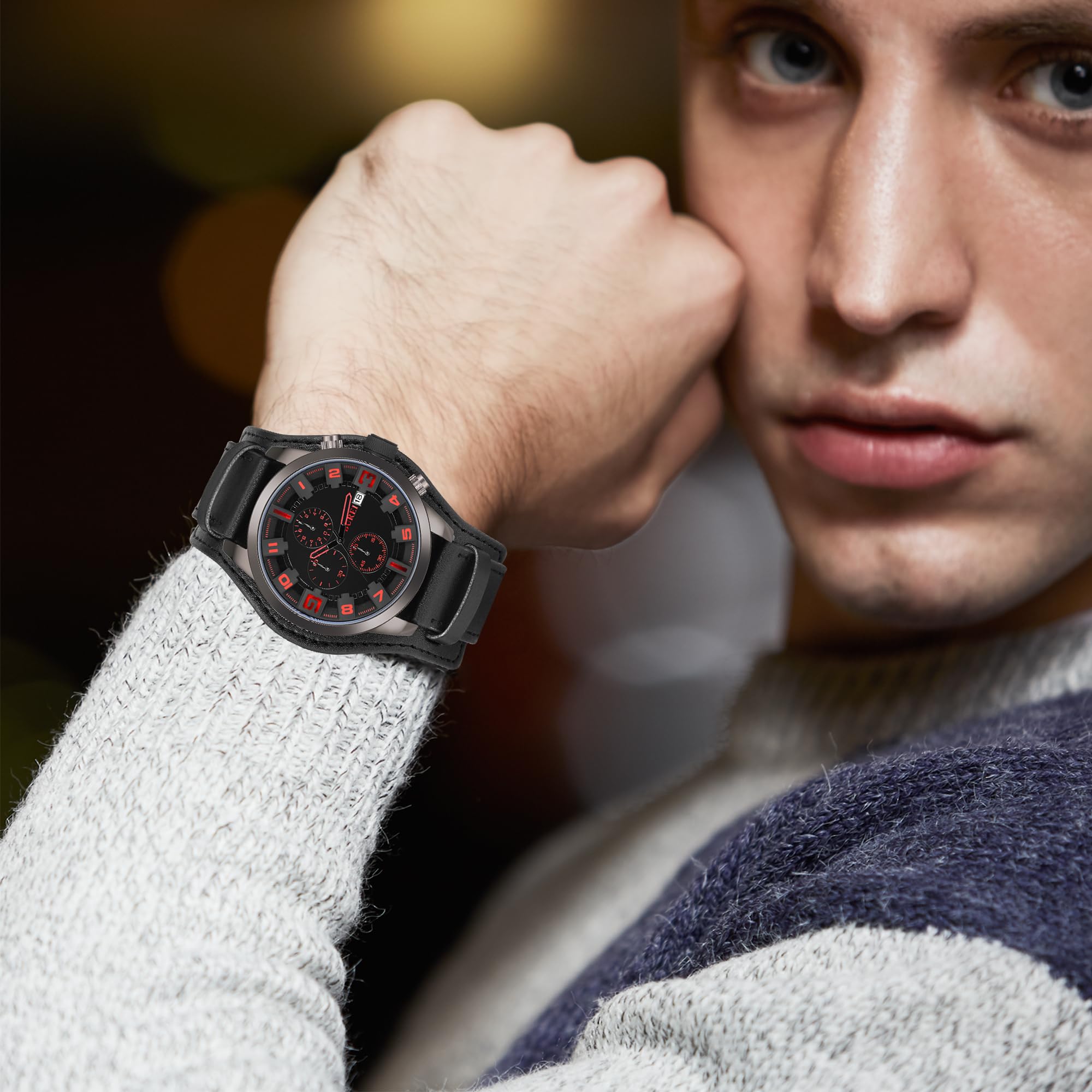 Foto 6 pulgar | Reloj Burei Sports Chronograph Para Hombre Con Correa De Piel Negra - Venta Internacional.