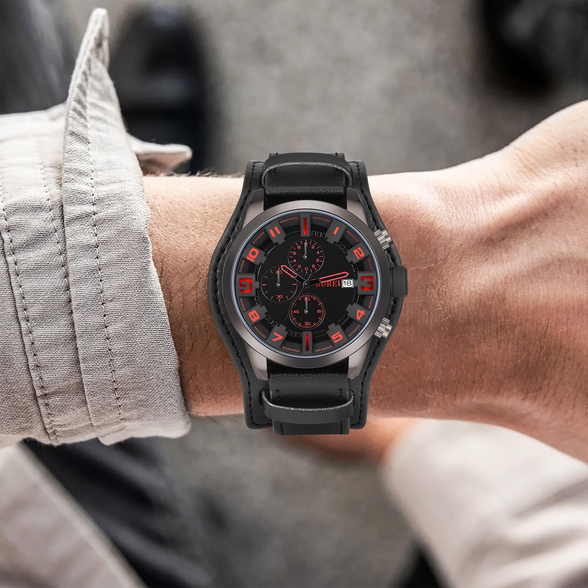 Foto 7 pulgar | Reloj Burei Sports Chronograph Para Hombre Con Correa De Piel Negra - Venta Internacional.