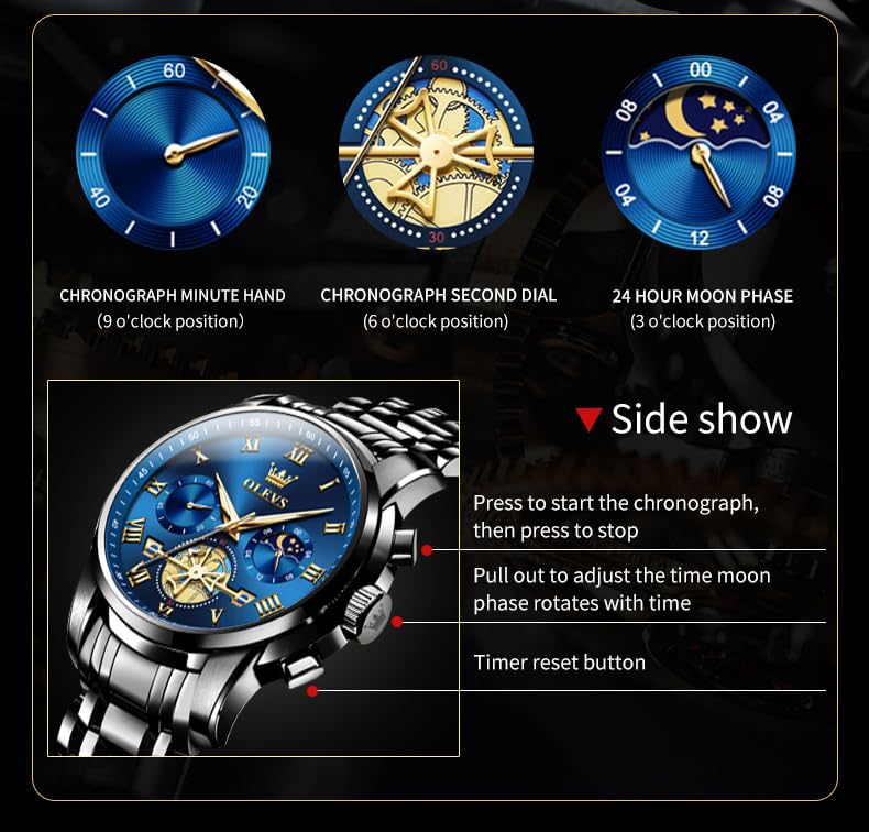 Foto 5 pulgar | Reloj Olevs Blue Moon Phase De Acero Inoxidable Para Hombre - Venta Internacional.