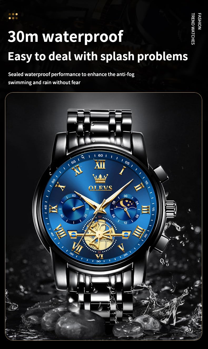 Foto 5 | Reloj Olevs Blue Moon Phase De Acero Inoxidable Para Hombre - Venta Internacional.