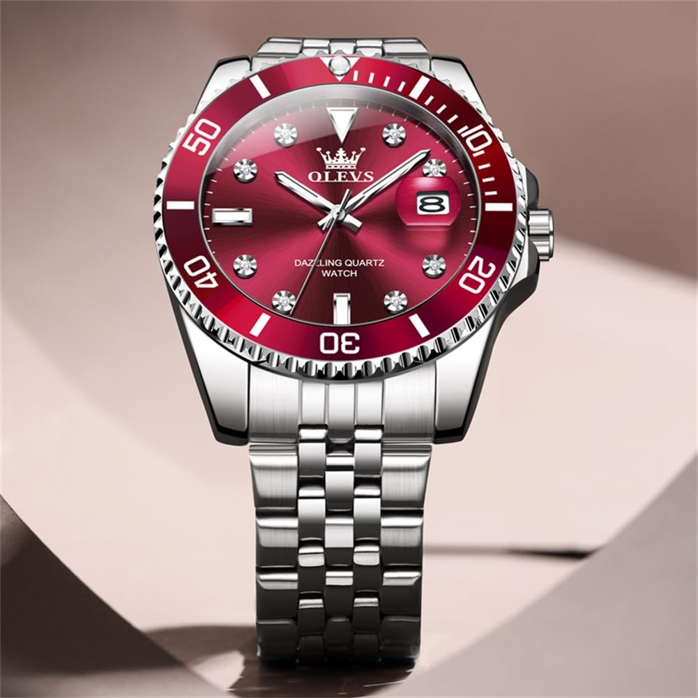 Foto 3 pulgar | Reloj Olevs Casual Para Hombre Con Esfera Grande Roja De Acero Inoxidable - Venta Internacional.
