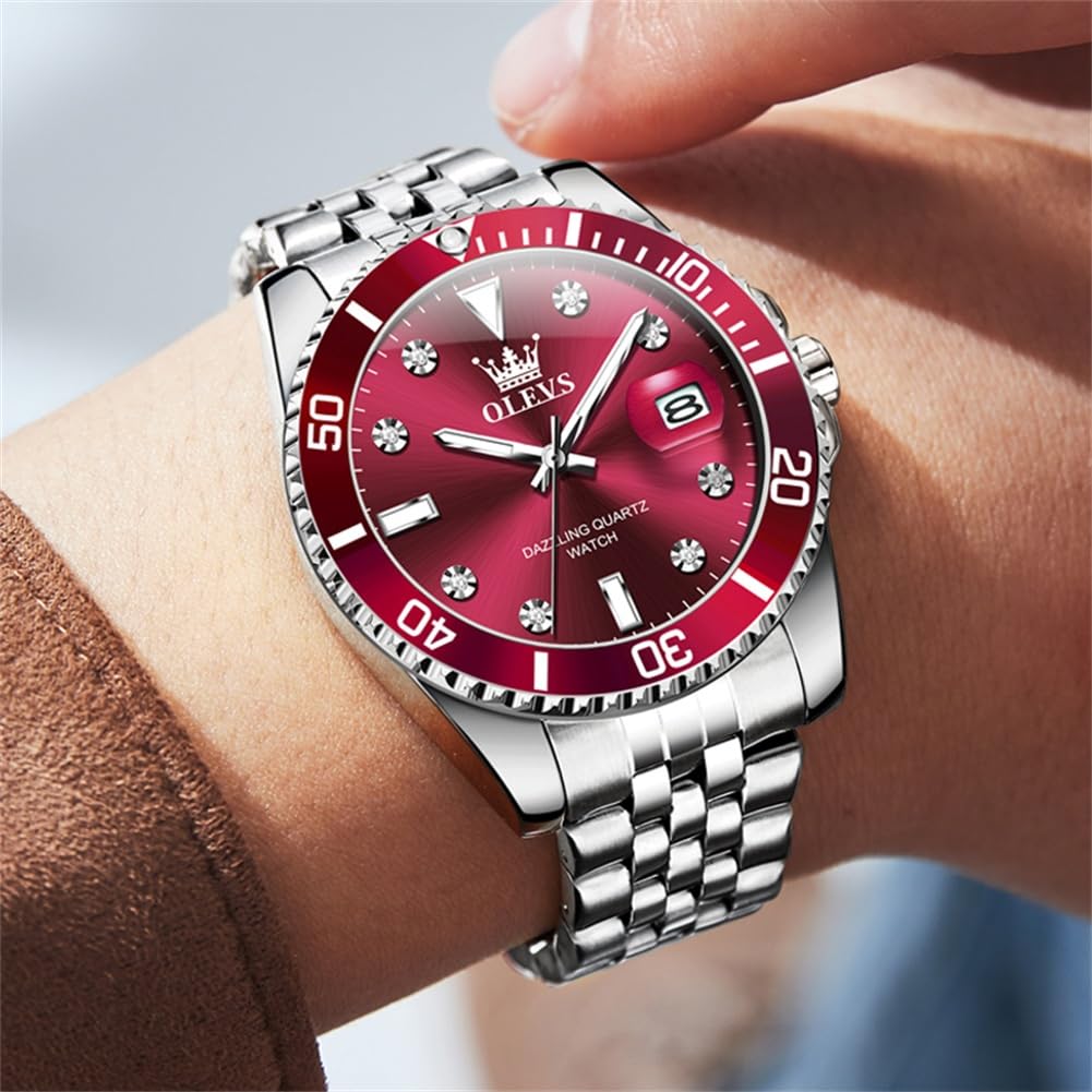 Foto 4 pulgar | Reloj Olevs Casual Para Hombre Con Esfera Grande Roja De Acero Inoxidable - Venta Internacional.