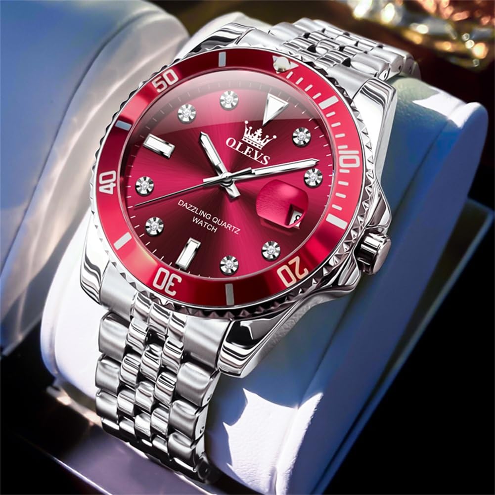 Foto 5 pulgar | Reloj Olevs Casual Para Hombre Con Esfera Grande Roja De Acero Inoxidable - Venta Internacional.