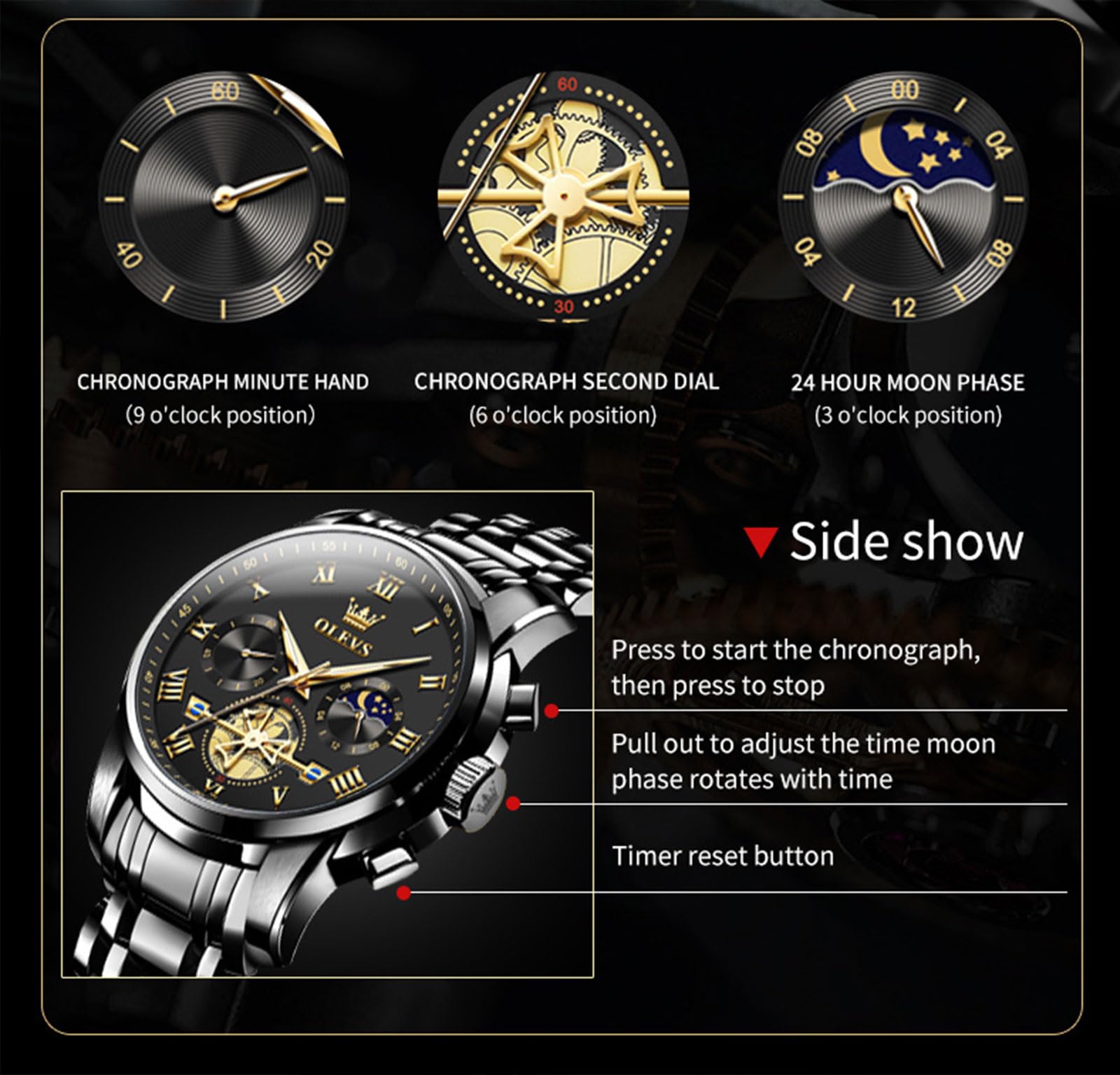 Foto 5 pulgar | Reloj Olevs Black Fashion Big Face Analógico De Cuarzo Para Hombre - Venta Internacional.