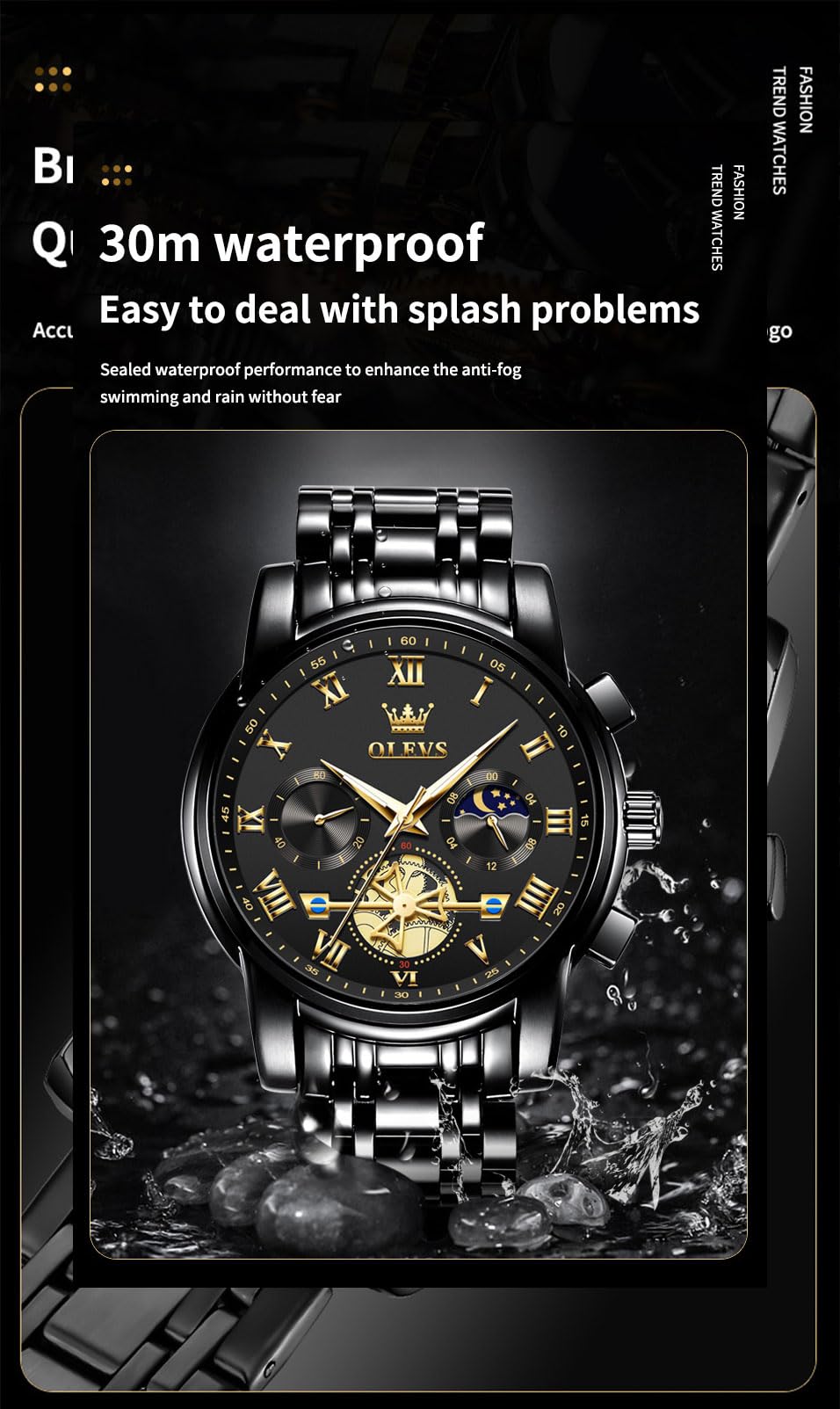 Foto 6 pulgar | Reloj Olevs Black Fashion Big Face Analógico De Cuarzo Para Hombre - Venta Internacional.