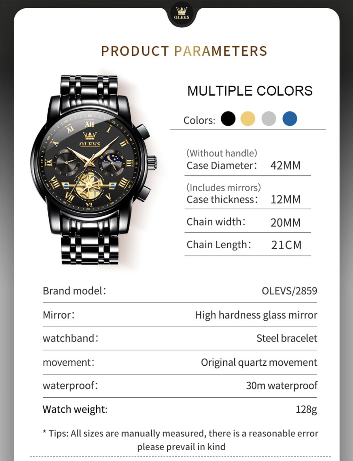 Foto 7 pulgar | Reloj Olevs Black Fashion Big Face Analógico De Cuarzo Para Hombre - Venta Internacional.
